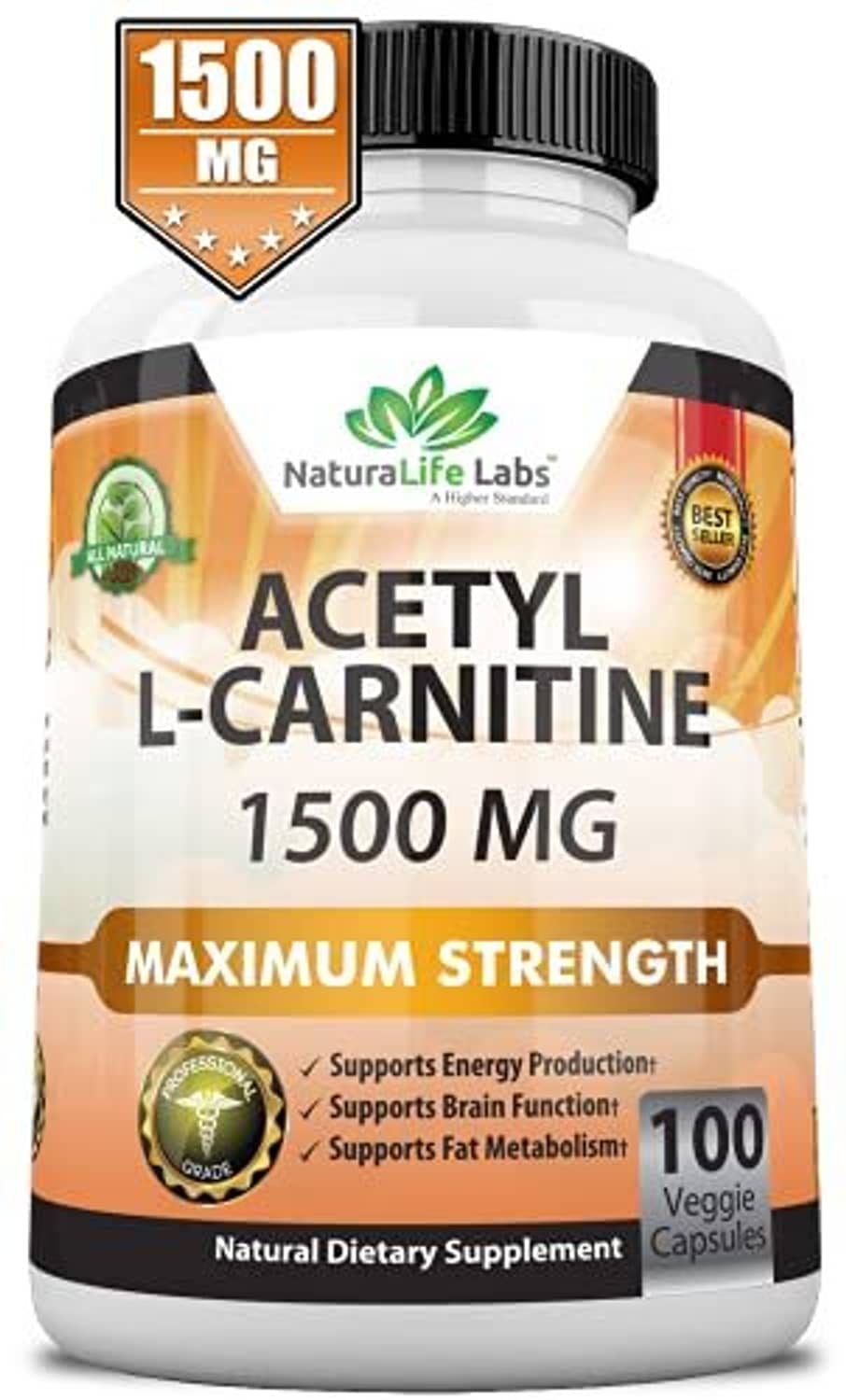 Acetyl L-carnitine 1500 mg supplement bottle, 100 veggie capsules