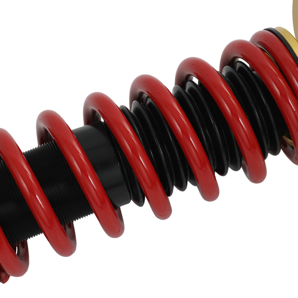 Red and black coil springs on a coilover strut, showing closely spaced spring coils