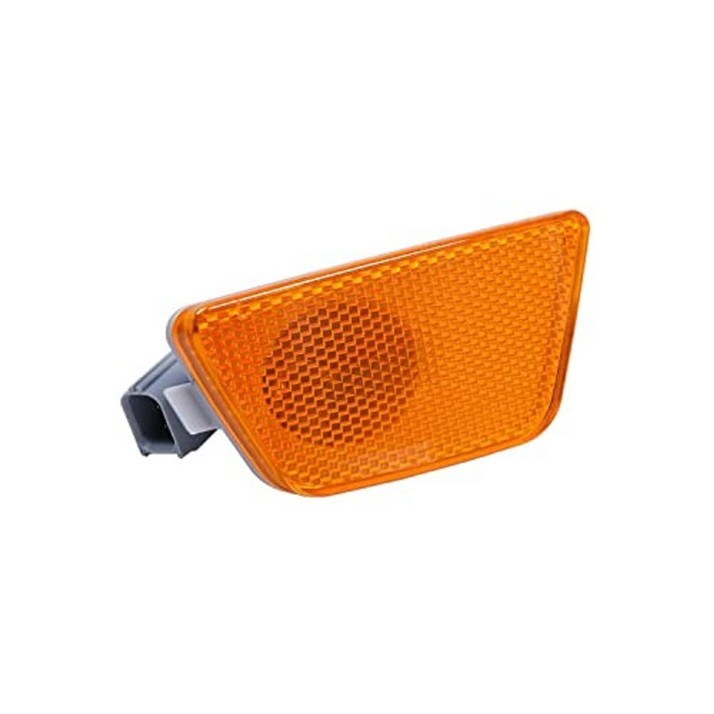 Front bumper amber side marker light with triangular reflector and gray housing
