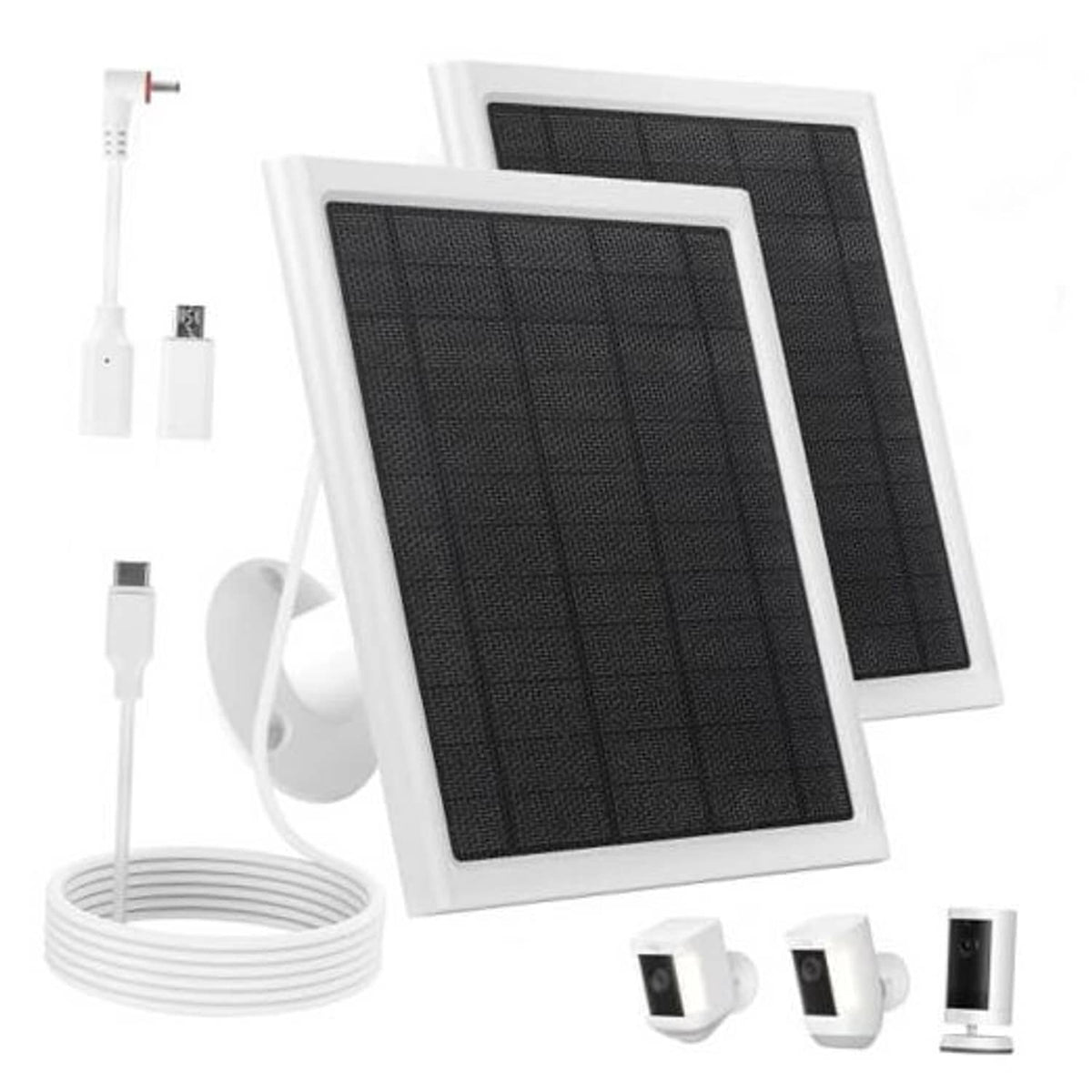 White solar panel charger kit with two black grid panels, wires and wall mounts