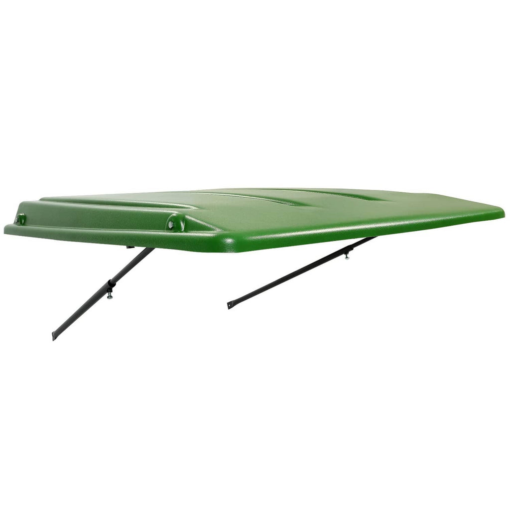 Green tractor sun shade canopy with black support legs, diagonal side view