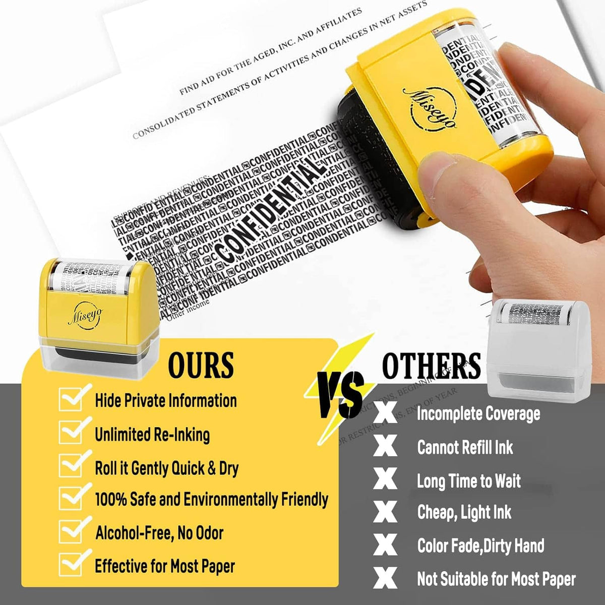 Yellow roller stamp and hand stamping paper, with comparison chart beside the stamp