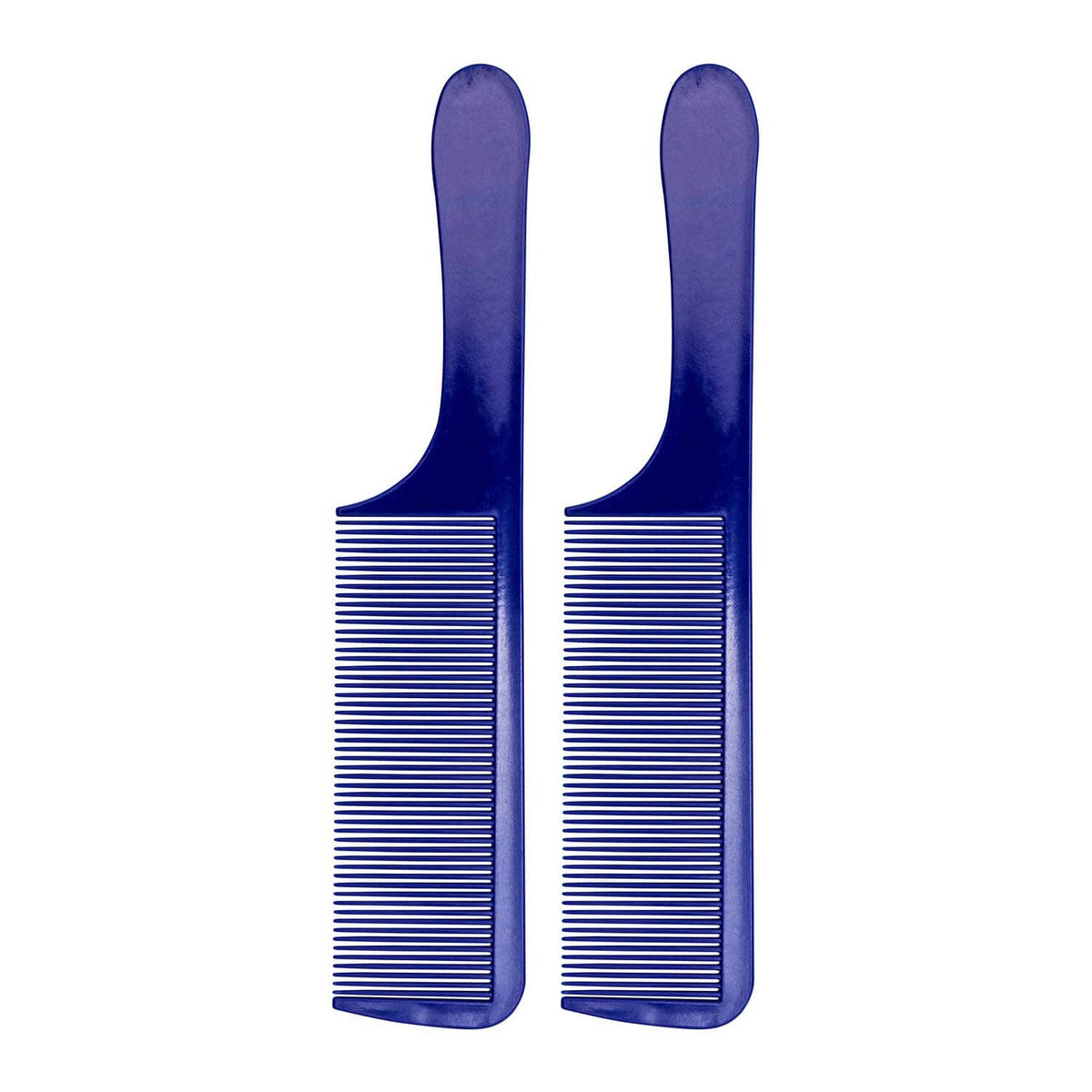 Two dark blue fine-tooth combs with curved, scoop-like handles