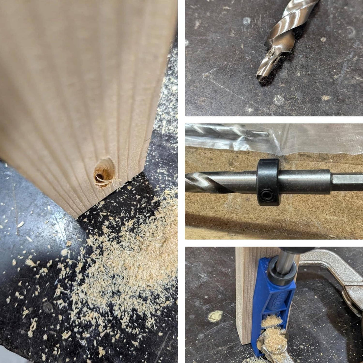 Drill bit with depth stop collar drilling into wood on a workbench
