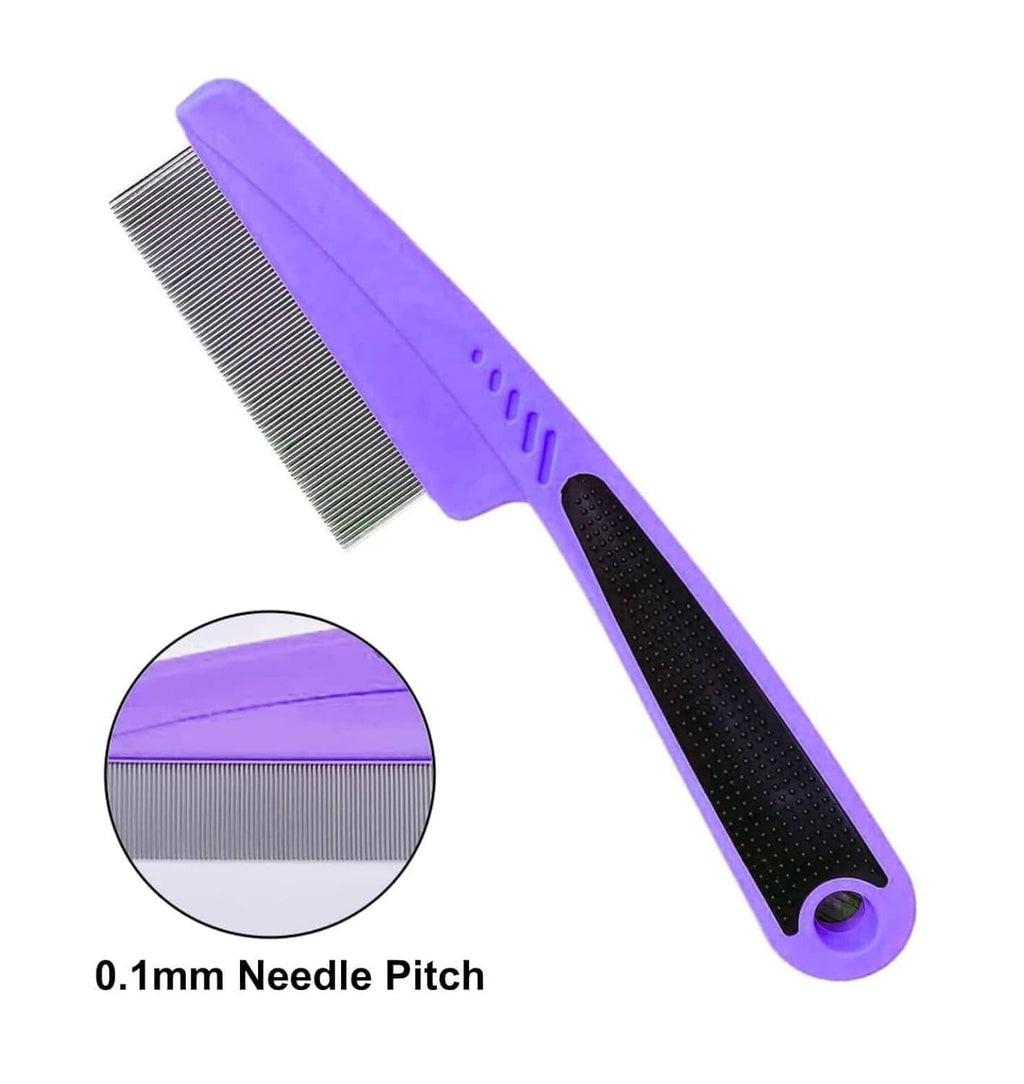 Purple fine-tooth comb with needle pitch; black textured rubber grip handle