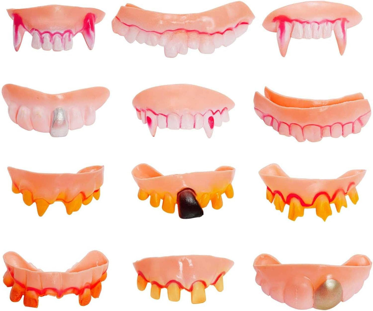 Set of 12 fake vampire teeth gag dentures with jagged pink and orange fangs