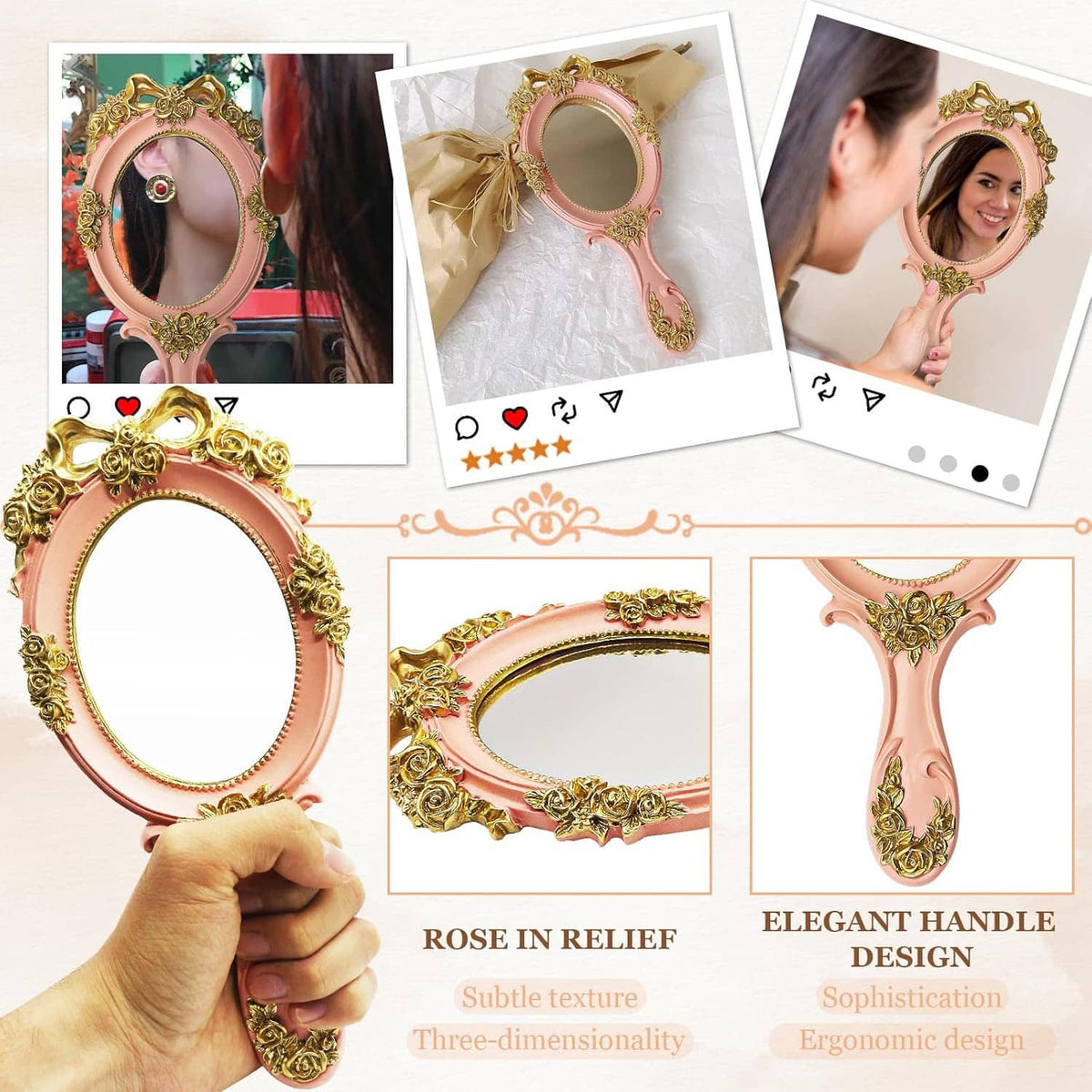 Pink oval handheld mirror with gold embossed roses, shown from multiple angles
