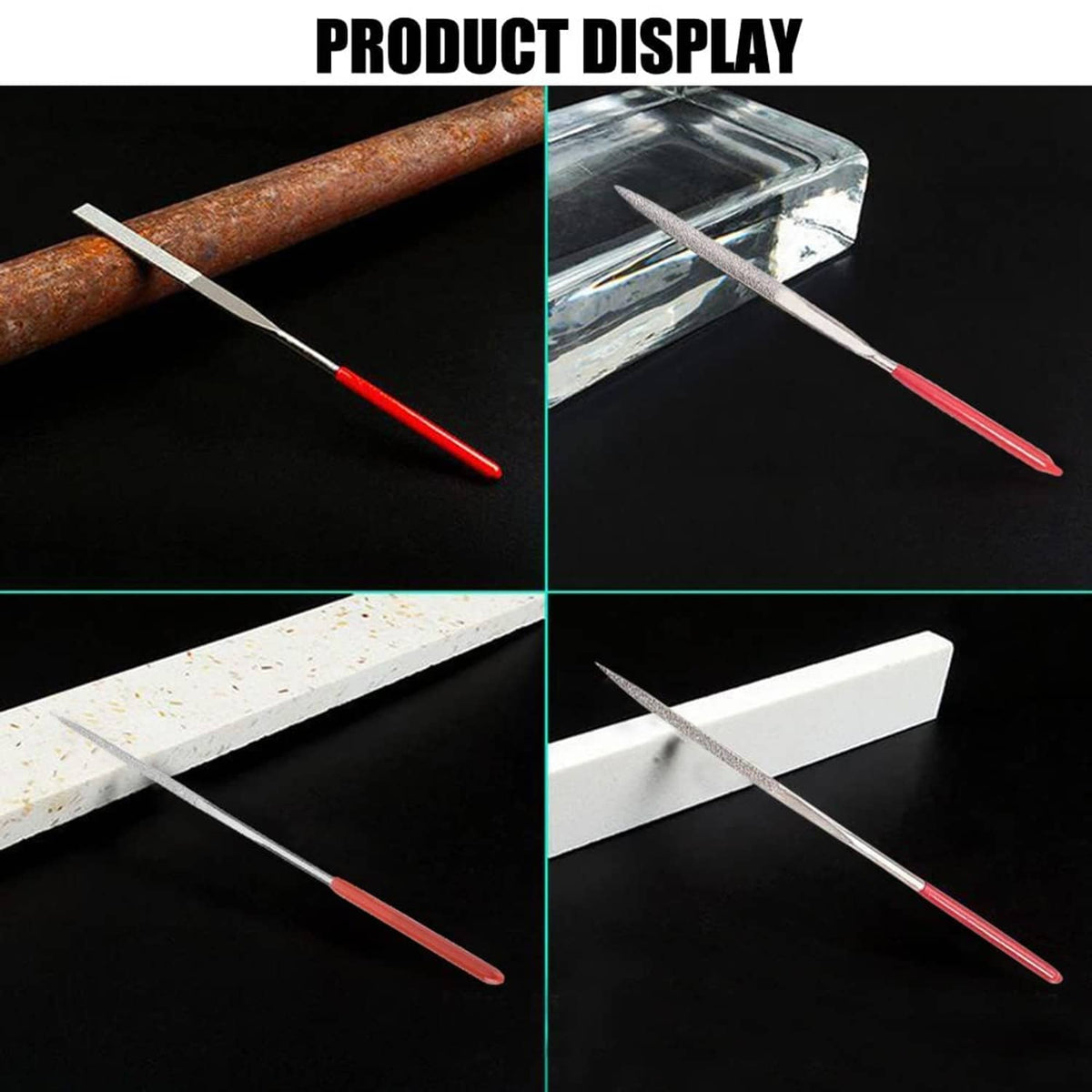 Diamond needle files resting on wood and stone surfaces, red handles and silver tips
