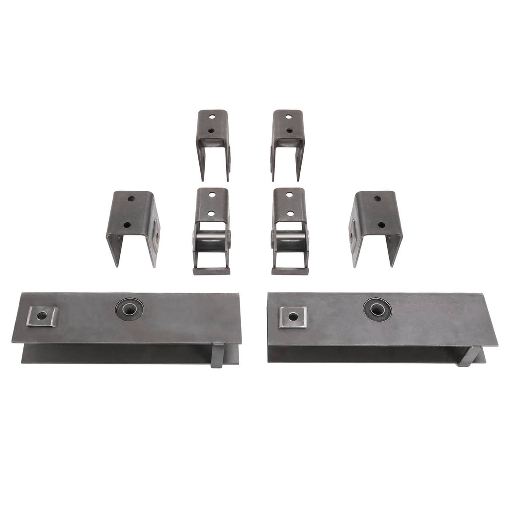 Steel trailer slipper spring hanger kit: two beams with U brackets and fork-style ends
