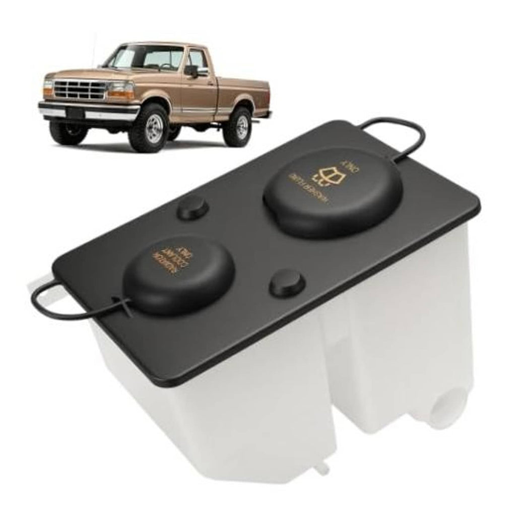 Coolant and washer fluid reservoir tank with two black caps and mounting handles