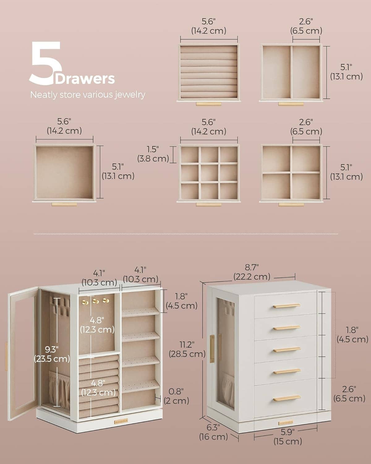 Jewelry box diagram showing 5 drawers and side compartments for organized storage