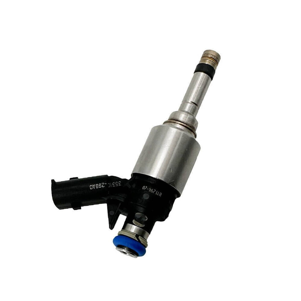 Fuel injector with silver metal body, black connector, and blue sealing ring