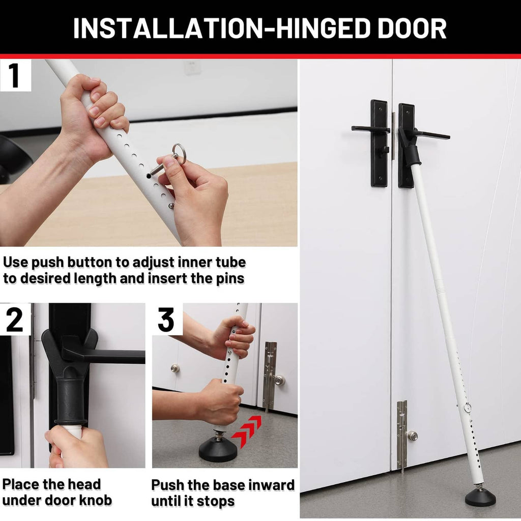 Adjustable door security bar with push button to set length for installation on hinged doors