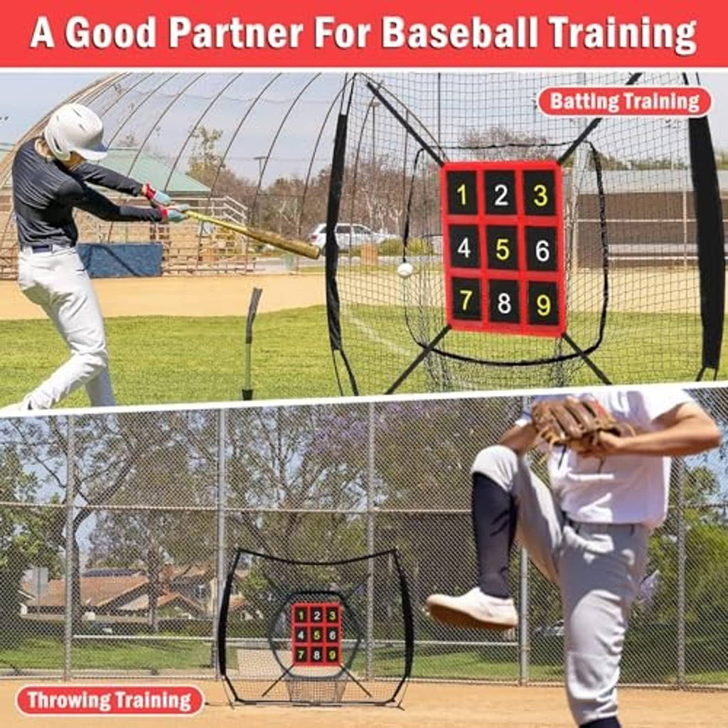 Baseball training setup with a red nine-region strike-zone target on a field fence