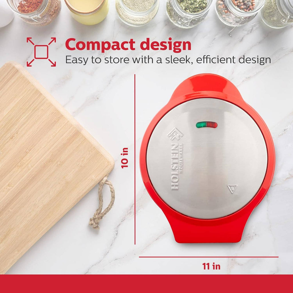 Red compact cake pop maker with non-stick baking plate and glowing indicator window