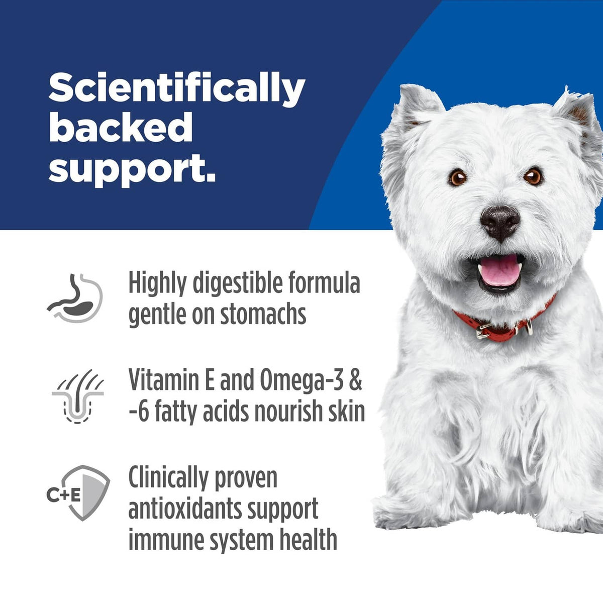 Dog food label with white dog and support icons for stomach, skin, and immune health
