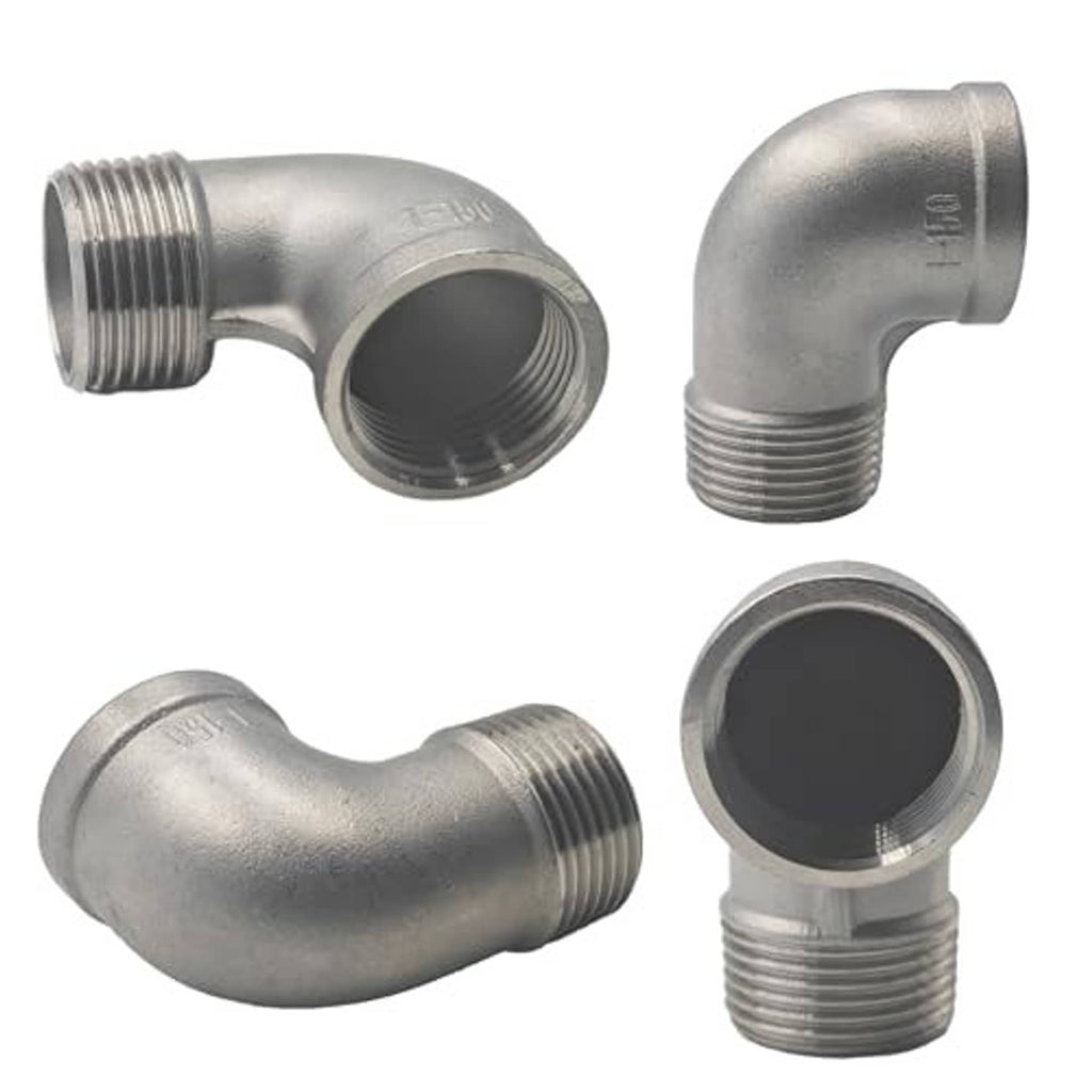 Set of stainless steel elbow fittings with NPT threads and curved 90-degree bends