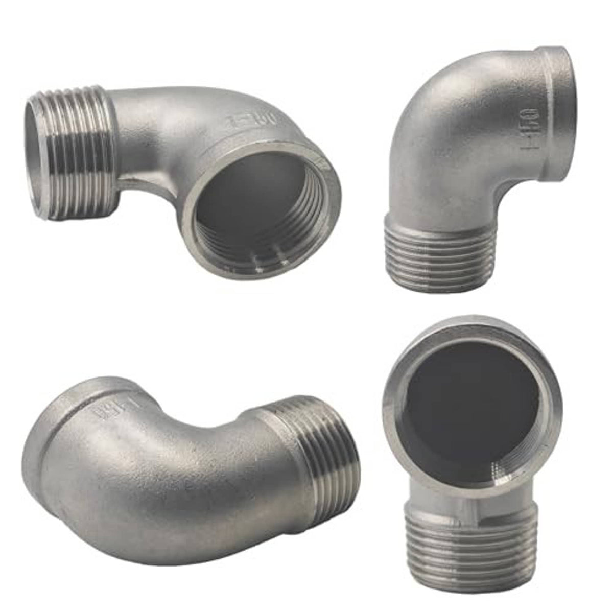 Set of stainless steel elbow fittings with NPT threads and curved 90-degree bends