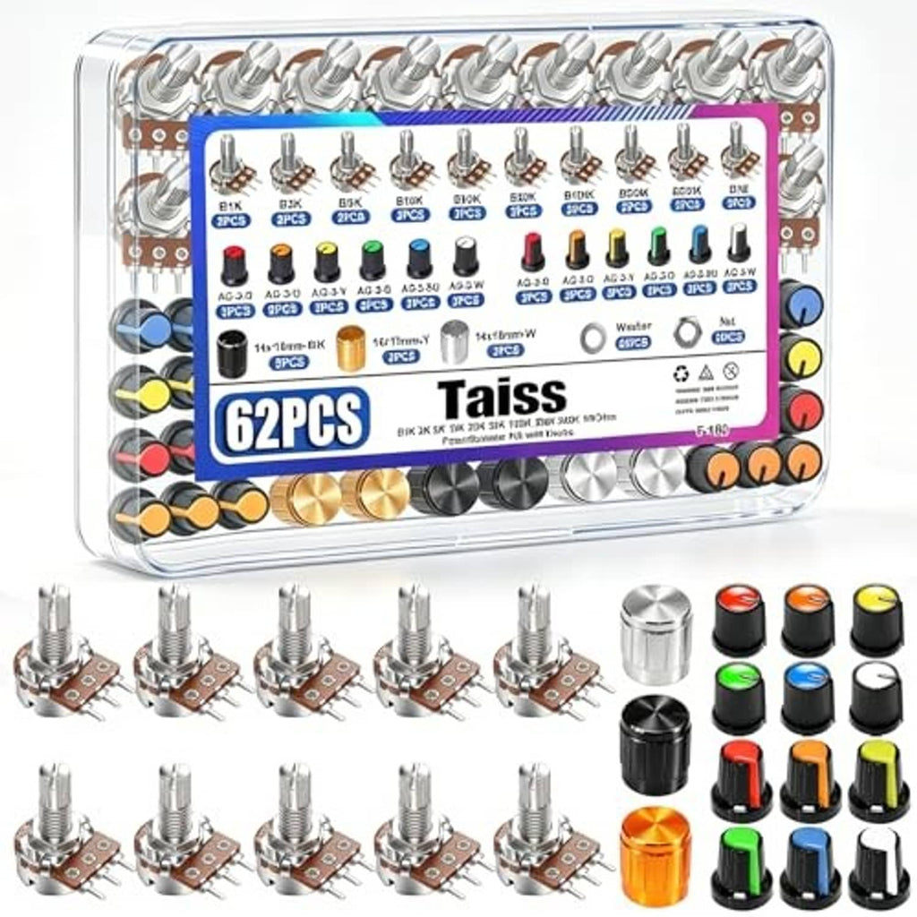 Potentiometer kit with silver potentiometers and multicolor knob caps in transparent box
