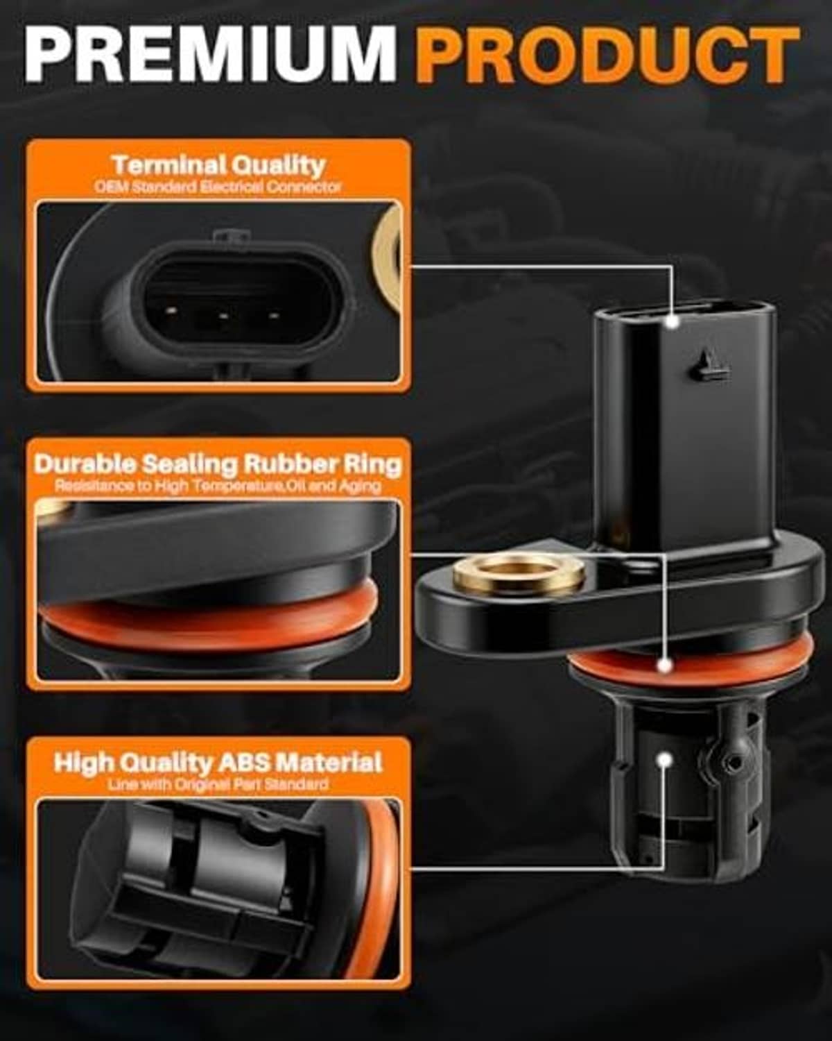 Camshaft crankshaft position sensor with black ABS housing, orange sealing ring, connectors