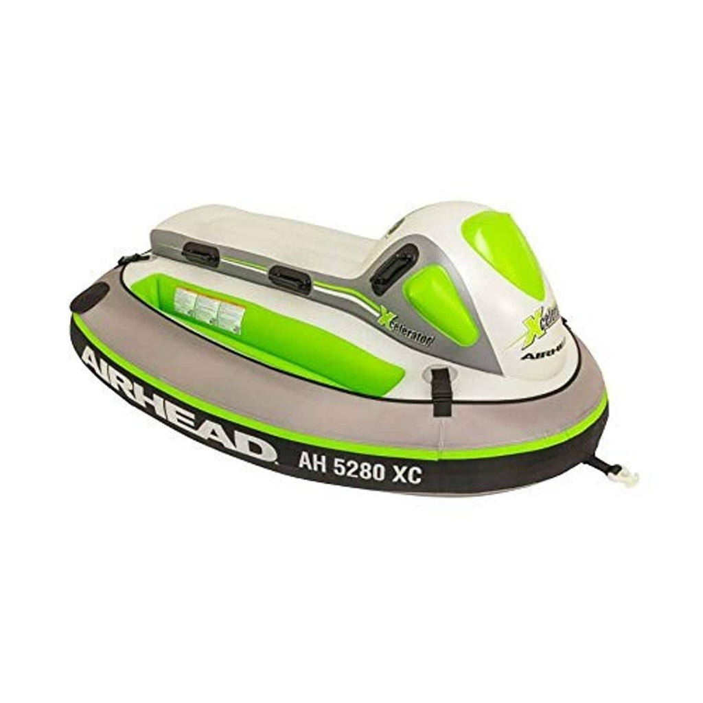 Side view of a white and gray towable tube with neon green inserts and grab points