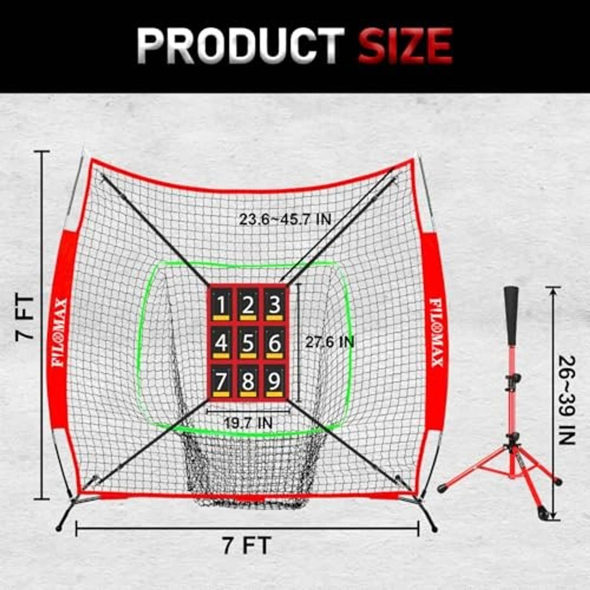 Baseball practice net with red frame and numbered strike zone target, size diagram