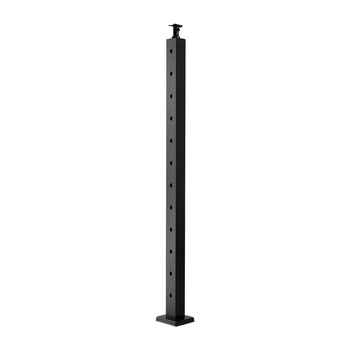 Black cable railing post with vertical line of holes and flat base