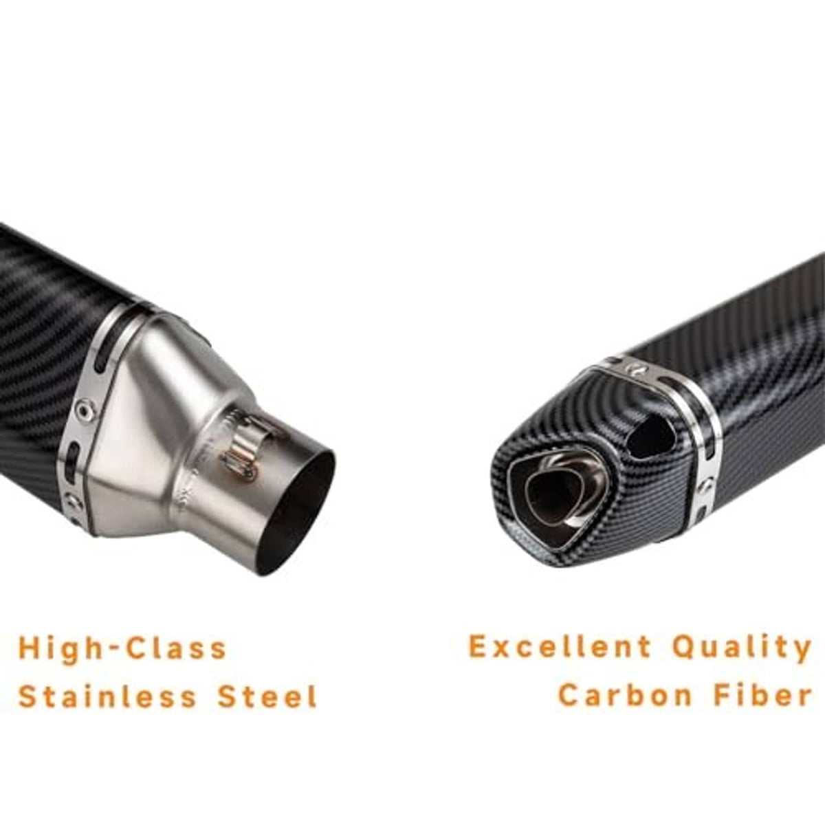Carbon-fiber style muffler with stainless inlet and outlet ends and bronze trim bands
