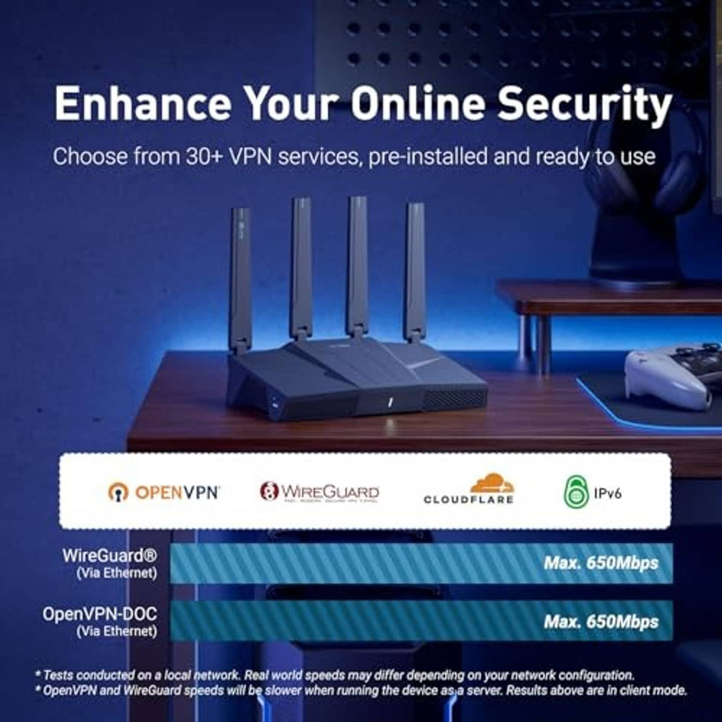 Wi-Fi home router with four antennas, security services panel