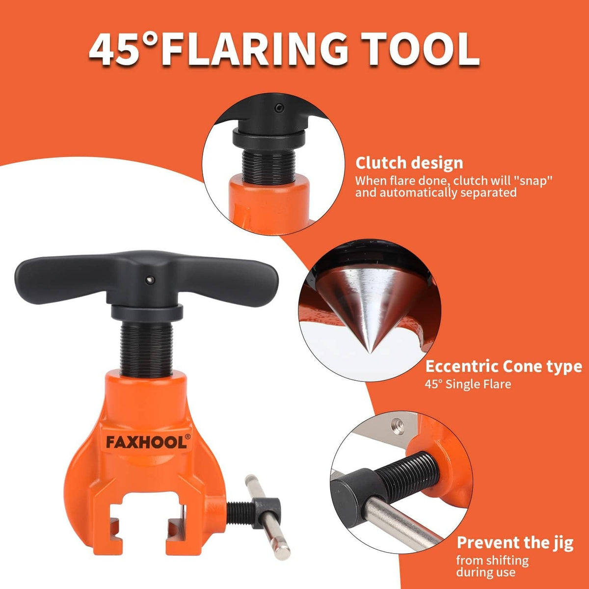 45-degree flaring tool with black lever handle and orange eccentric body