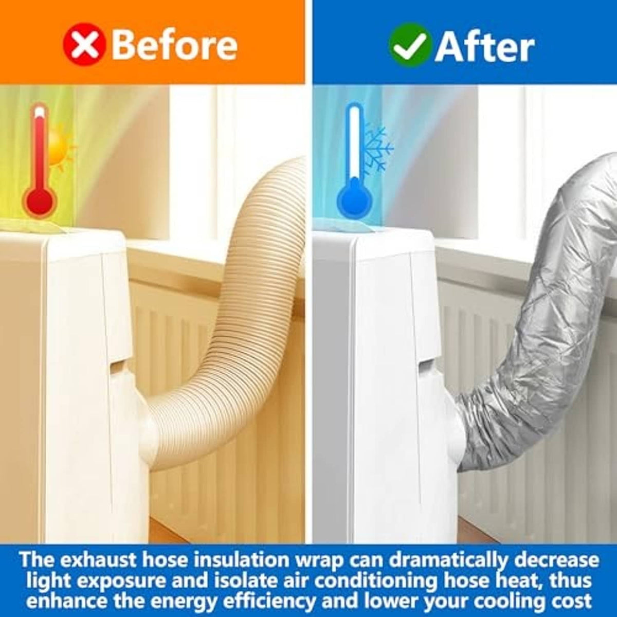Silver quilted AC exhaust hose insulation wrap around an HVAC hose with fasteners
