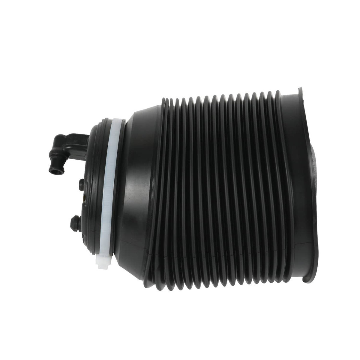 Black air suspension spring bag with ridged rubber sleeve and mounting hardware on base.