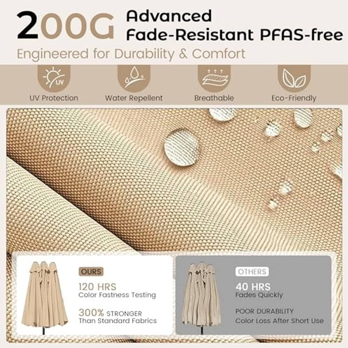 Beige patio umbrella fabric close-up with textured woven surface