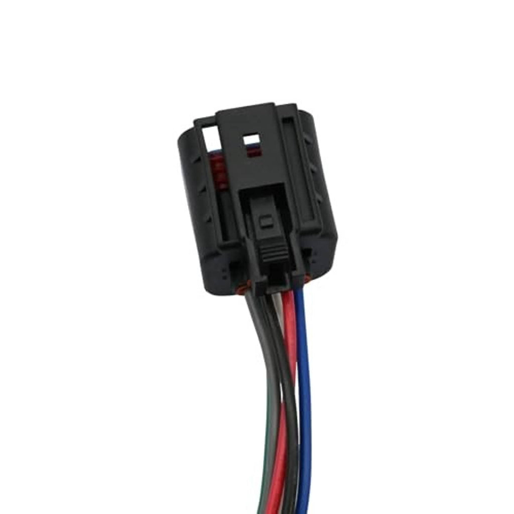 Headlight wiring harness connector pigtail side view with black housing and red/blue leads