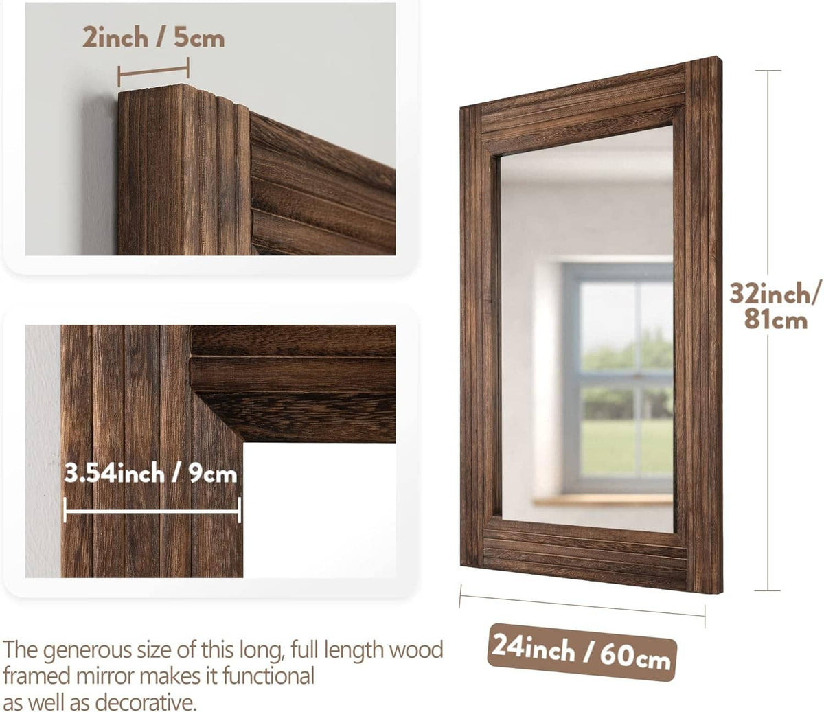 Rustic wooden mirror frame close-up showing spliced wood slats and corner join detail.