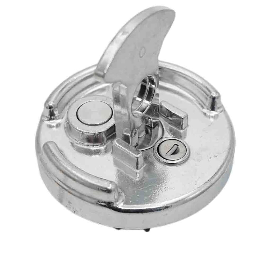 Locking diesel fuel cap with key cylinder and hinged cover, chrome aluminum