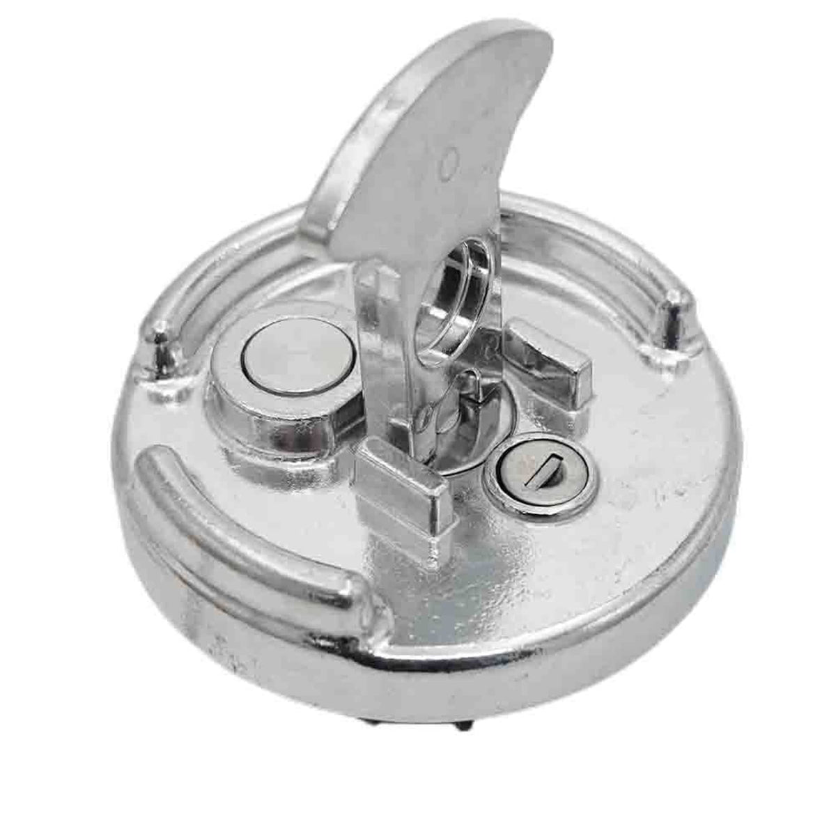 Locking diesel fuel cap with key cylinder and hinged cover, chrome aluminum