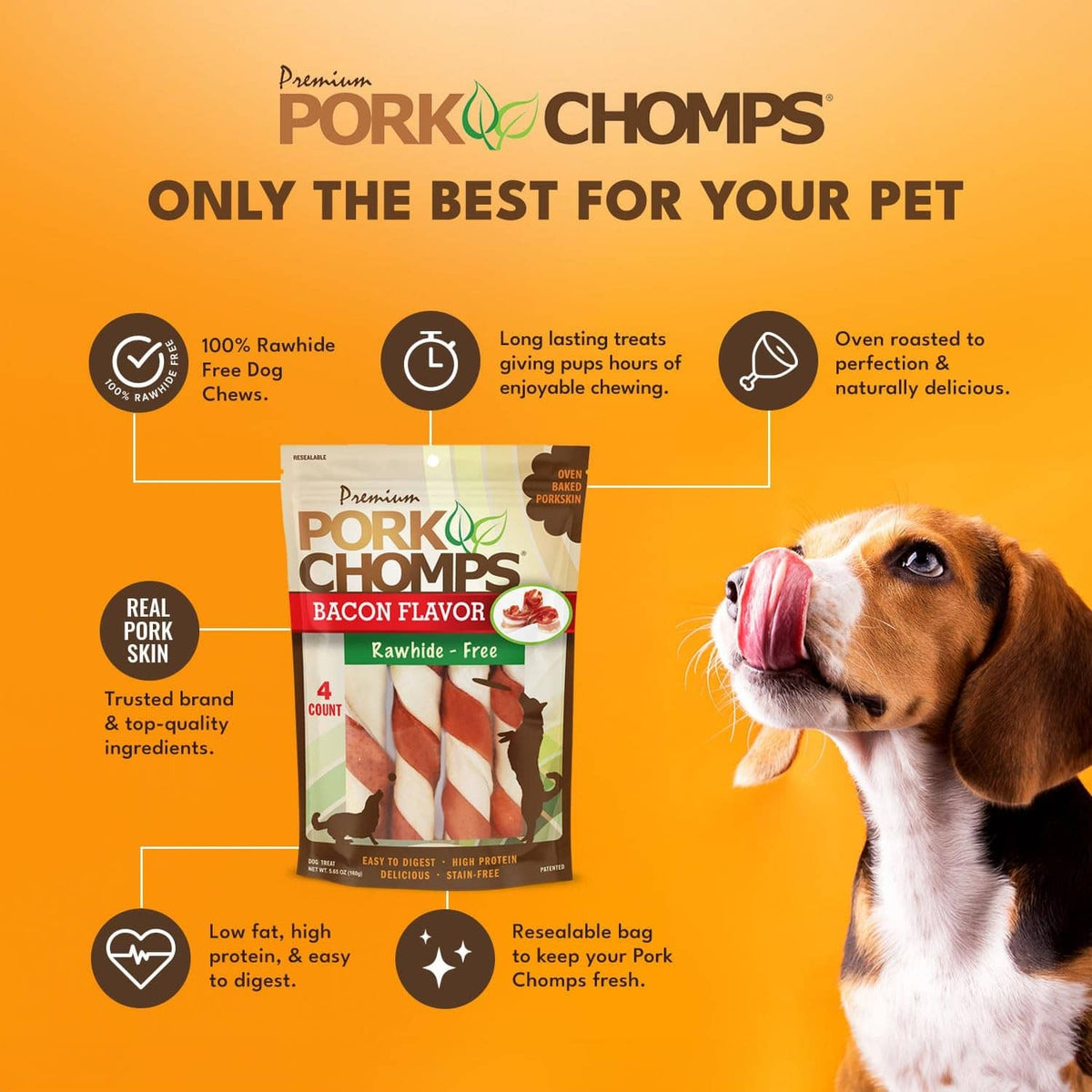 Bacon flavor rawhide-free pork skin dog chews pack, 4-count twists