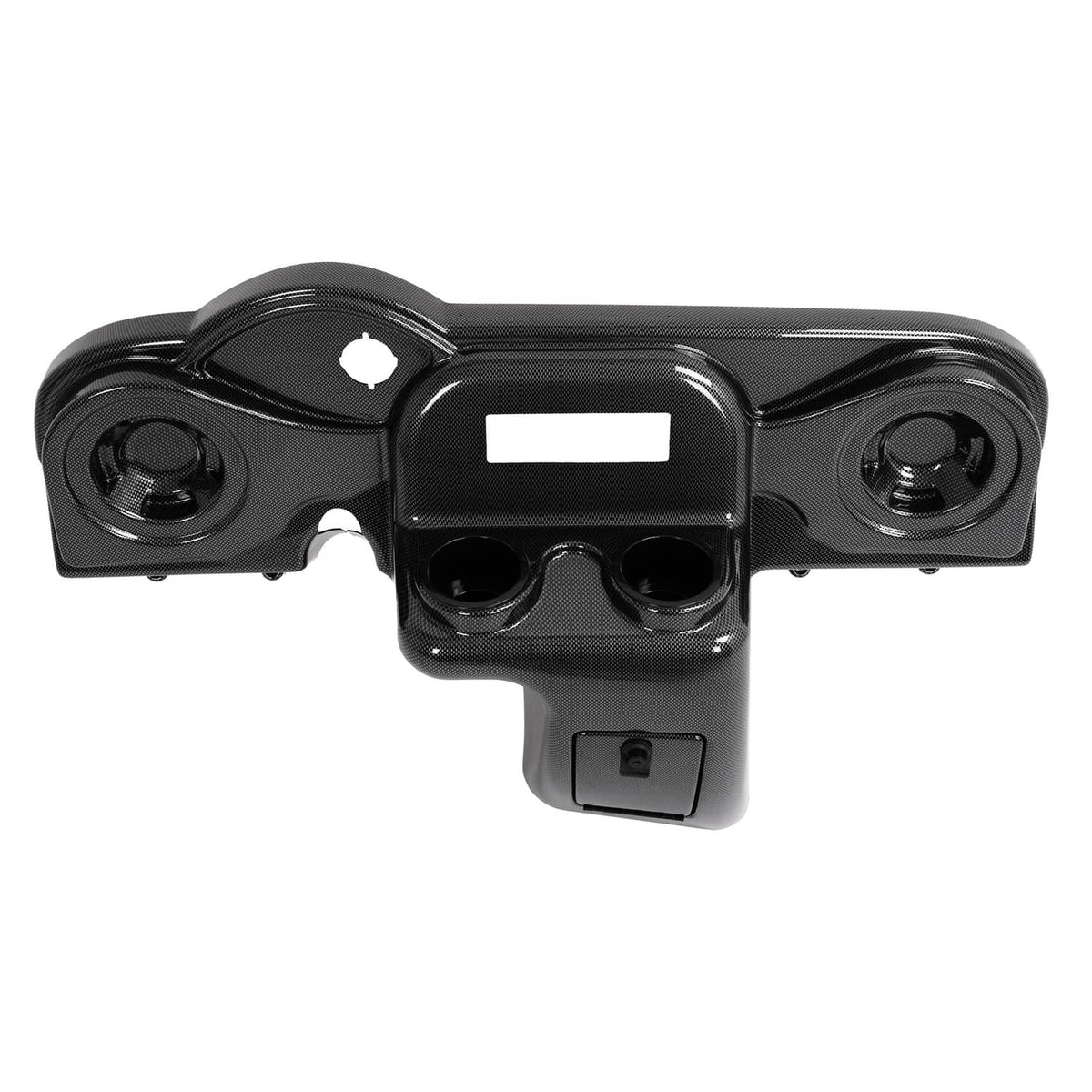 Golf cart dash cover with radio face, dual speaker openings, and front accessory port