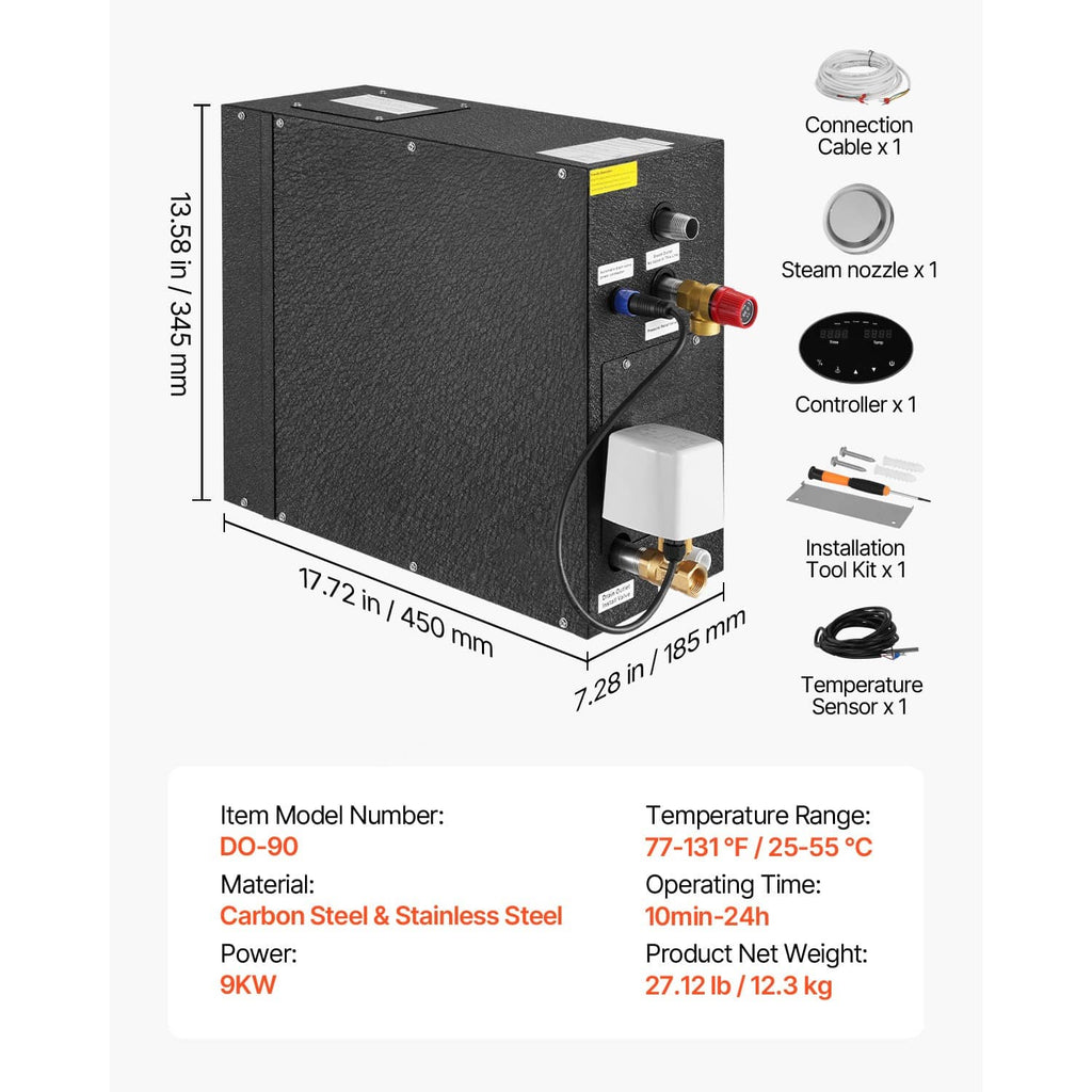 Steam generator controller with dimensions and included connection cable and sensor