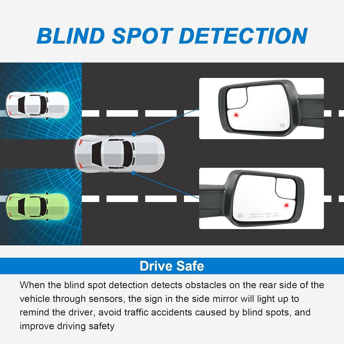 Left driver side blind spot detection mirror, featuring turn-signal style indicator on glass