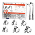 T-bolt hose clamp kit, 304 stainless steel bands and bolts in clear organizer tray