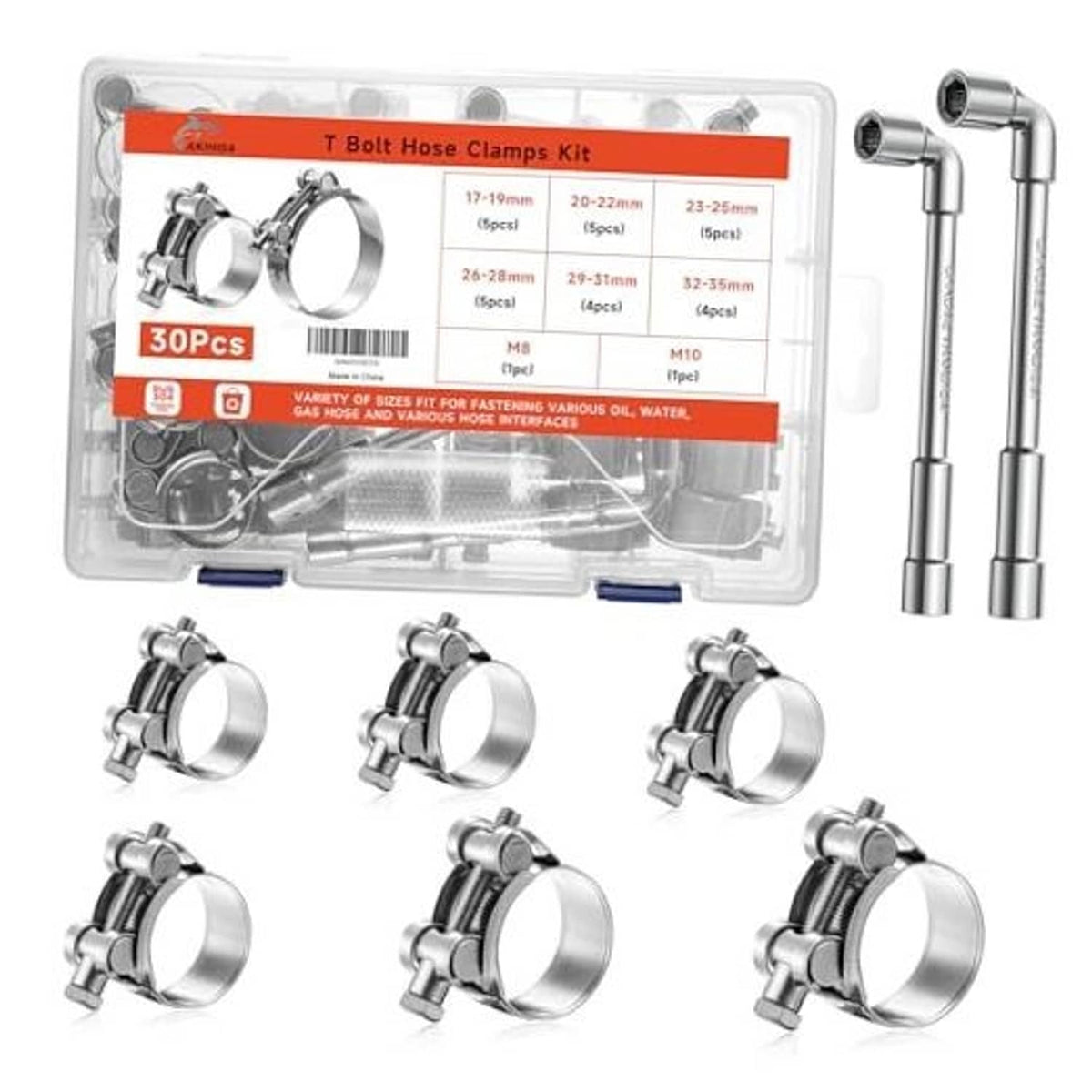 T-bolt hose clamp kit, 304 stainless steel bands and bolts in clear organizer tray