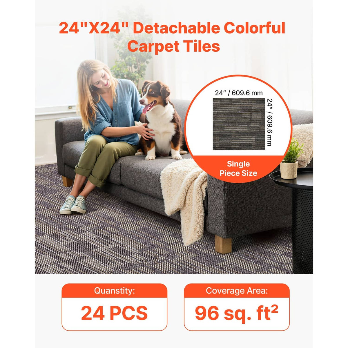 24x24 carpet tiles set on floor with gray and brown woven stripe pattern