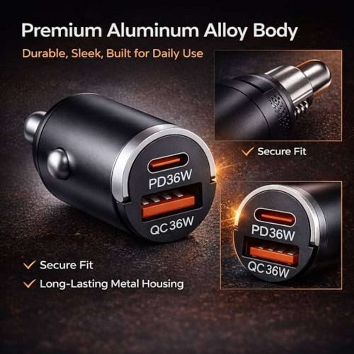 Black aluminum-bodied car USB charger with USB-C PD36W and QC36W dual ports