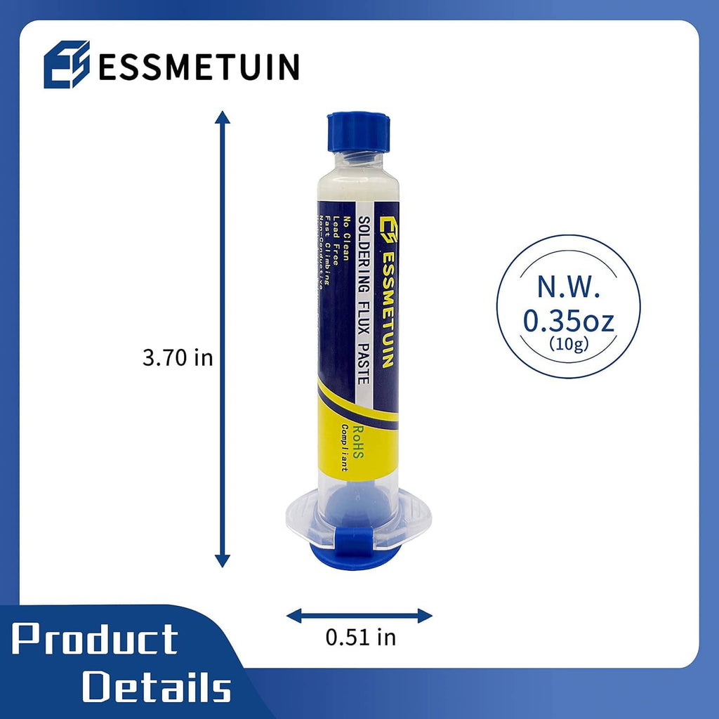 No-clean soldering flux paste tube with size dimensions and net weight 0.35oz
