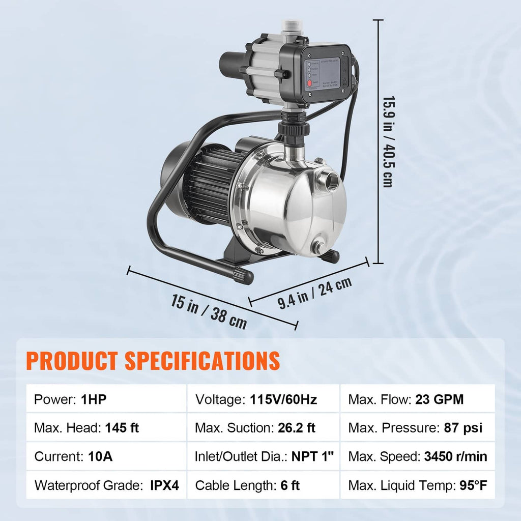 Portable shallow well jet pump with dimensions, including controller, stainless body, and hoses.
