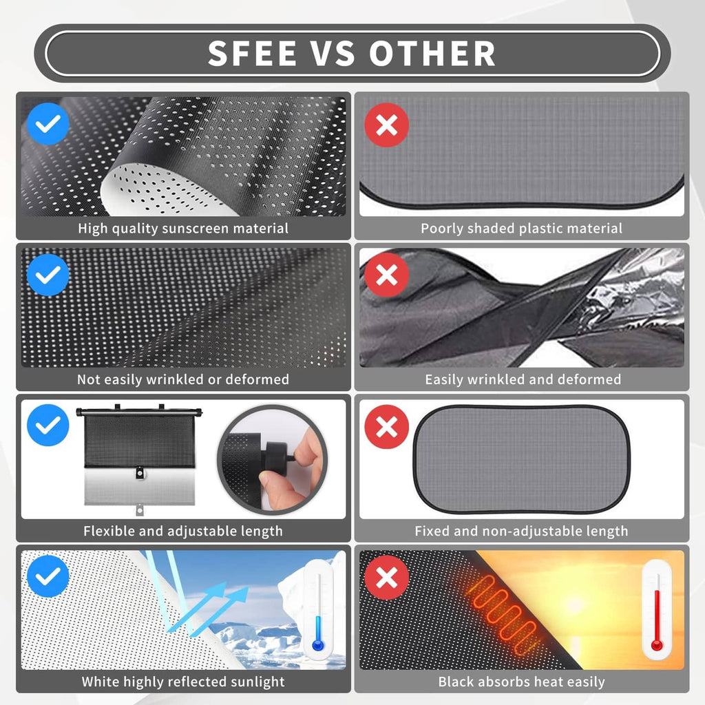 Black mesh car sunshade comparison panel with adjustable roller bar style