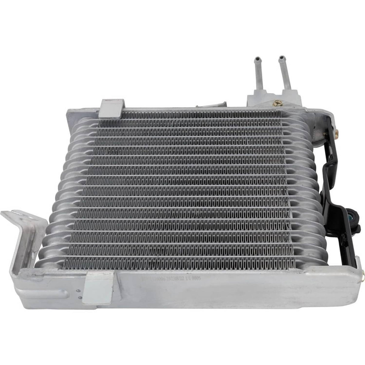 Automatic transmission oil cooler with stacked metal fins and mounting brackets