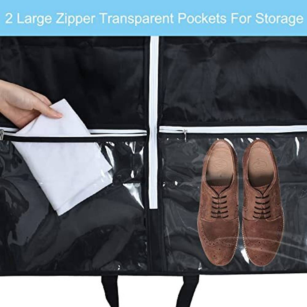 Black garment bag open front with clear zipper pockets holding shoes and a folded item